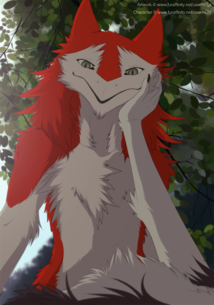 2016 4_fingers ambiguous_gender anthro body_hair chest_hair day duo first_person_view fur grey_eyes hand_on_face looking_at_viewer looking_down low-angle_view multicolored_fur neck_tuft red_fur sergal sidgi sky slit_pupils smile tree tuft two_tone_fur white_fur