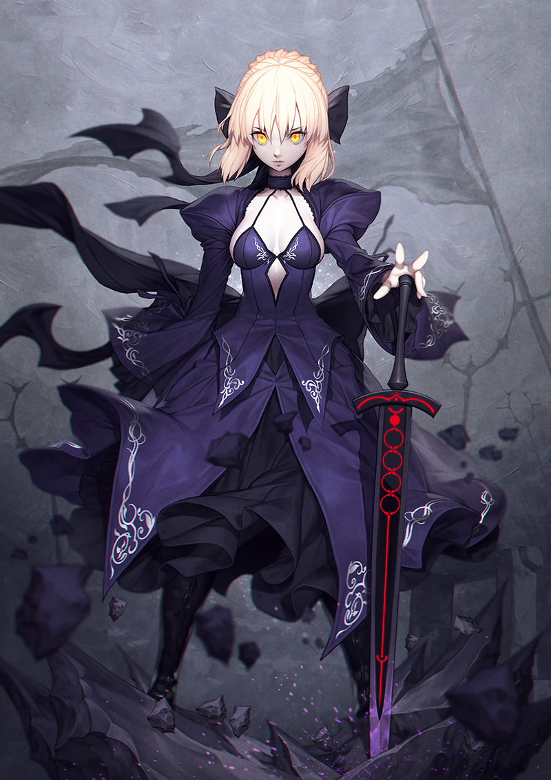 artoria_pendragon_(all) bangs banner black_footwear black_ribbon blonde_hair blurry boots braid breasts closed_mouth collarbone commentary_request dark_excalibur debris depth_of_field dress eyebrows_visible_through_hair fate/grand_order fate_(series) french_braid full_body gothic_lolita grey_background hair_between_eyes hair_ribbon halterneck juliet_sleeves legs_apart lolita_fashion long_dress long_sleeves looking_at_viewer mandrill medium_breasts pale_skin planted_sword planted_weapon puffy_sleeves purple_dress ribbon saber_alter short_hair sidelocks solo sparks standing sword weapon wind yellow_eyes