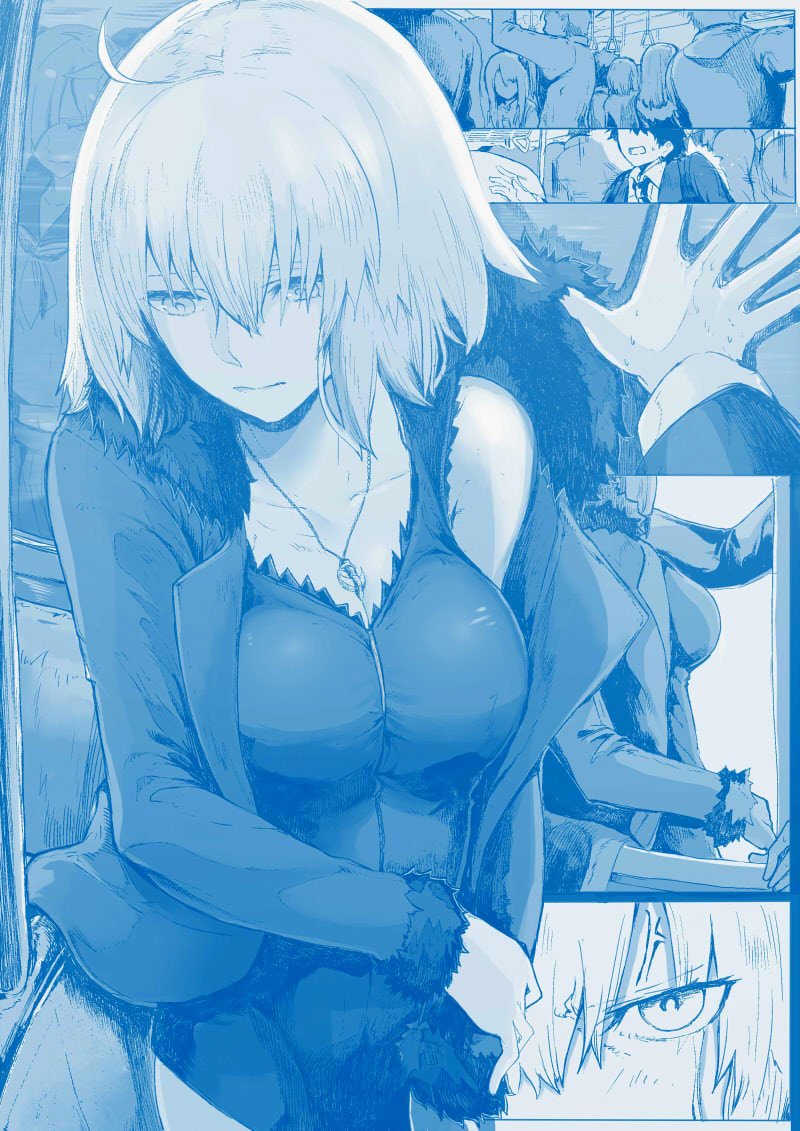 1girl ahoge anger_vein blue breasts brynhildr_(fate) cleavage comic commentary_request crowd fate/grand_order fate_(series) fujimaru_ritsuka_(male) fur_trim jeanne_d'arc_(alter)_(fate) jeanne_d'arc_(fate)_(all) jewelry large_breasts monochrome necklace open_mouth short_hair silent_comic syatey train_interior wicked_dragon_witch_ver._shinjuku_1999