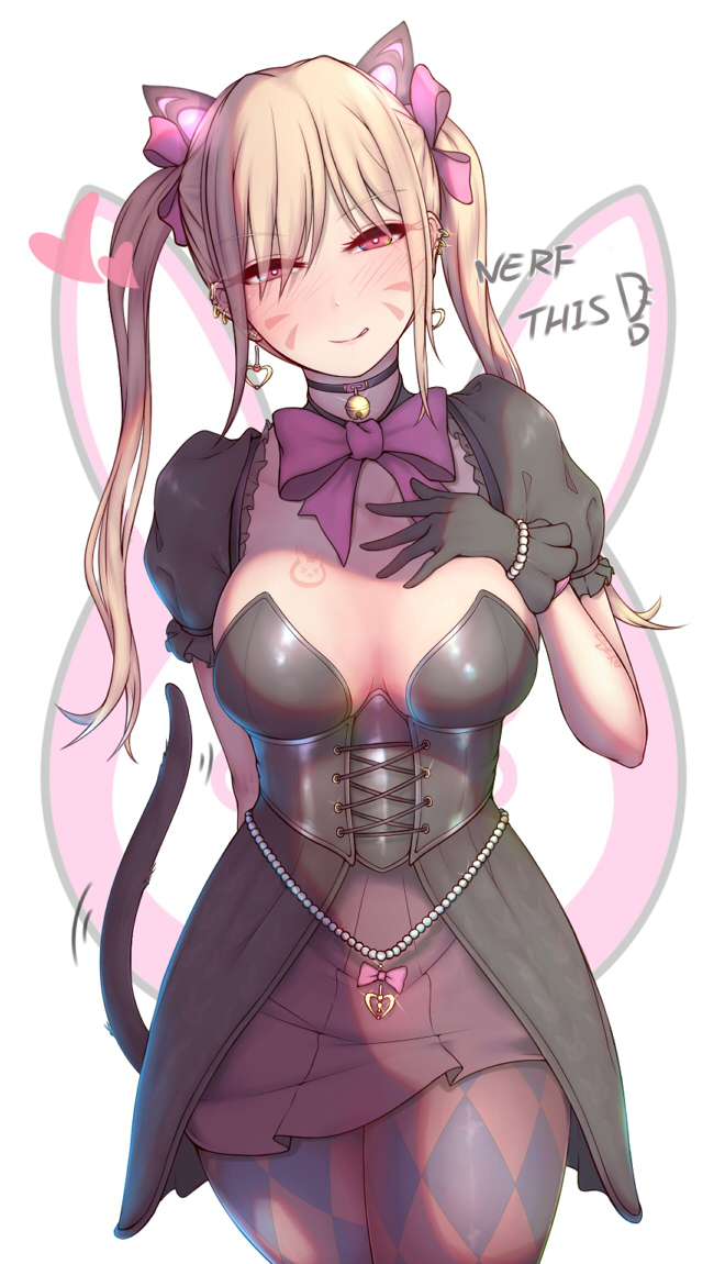:q alternate_costume argyle argyle_legwear arm_behind_back bangs beads bell bell_choker black_cat_d.va black_dress black_gloves blonde_hair blush bow bowtie breast_tattoo breasts cat_tail choker collarbone corset cowboy_shot d.va_(overwatch) dress ear_piercing earrings english eyebrows_visible_through_hair facial_mark glint gloves hair_between_eyes hair_ribbon half-closed_eyes hand_on_own_chest hand_up head_tilt heart heart_earrings jewelry jingle_bell large_breasts legs_together long_hair looking_at_viewer motion_lines naughty_face nikuku_(kazedesune) nose_blush overwatch pantyhose piercing pink_bow pink_eyes pink_legwear pink_neckwear pink_ribbon puffy_short_sleeves puffy_sleeves purple_legwear revision ribbon shade short_dress short_sleeves sidelocks smile solo standing tail tattoo thighs tongue tongue_out twintails whisker_markings white_background