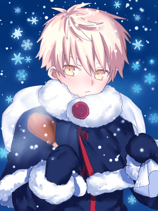arthur_pendragon_(fate) artoria_pendragon_(all) bad_id bad_pixiv_id capelet chicken_leg child closed_mouth fate/grand_order fate/prototype fate_(series) fur_trim looking_at_viewer male_focus platinum_blonde_hair sack santa_alter santa_lily seseragi_azuma snowflakes snowing solo yellow_eyes younger