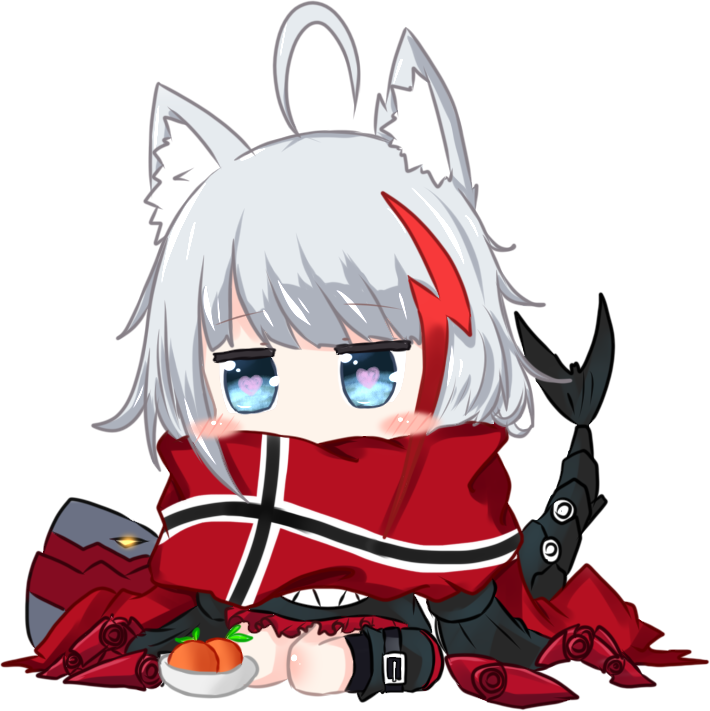 admiral_graf_spee_(azur_lane) ahoge animal_ears azur_lane bailingxiao_jiu bangs black_dress black_footwear black_legwear blue_eyes blush blush_stickers boots bowl cat_ears chibi claws commentary commentary_request covered_mouth dress eyebrows_visible_through_hair flag_print food frilled_dress frills fruit full_body glowing glowing_eye heart heart-shaped_pupils kemonomimi_mode kneehighs looking_at_viewer multicolored_hair print_scarf red_hair red_scarf scarf silver_hair simple_background sitting solo streaked_hair symbol-shaped_pupils tail wariza white_background