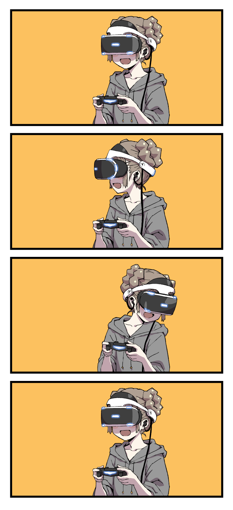 1girl comic commentary_request controller game_controller gamepad highres holding_controller hood hoodie inubou open_mouth orange_background original simple_background solo vr_visor