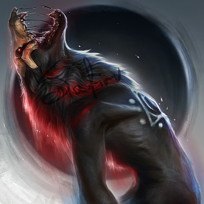 2018 abyssal_wolf ambiguous_gender black_fur blood canine digital_media_(artwork) feral fur mammal safiru sitting solo watermark