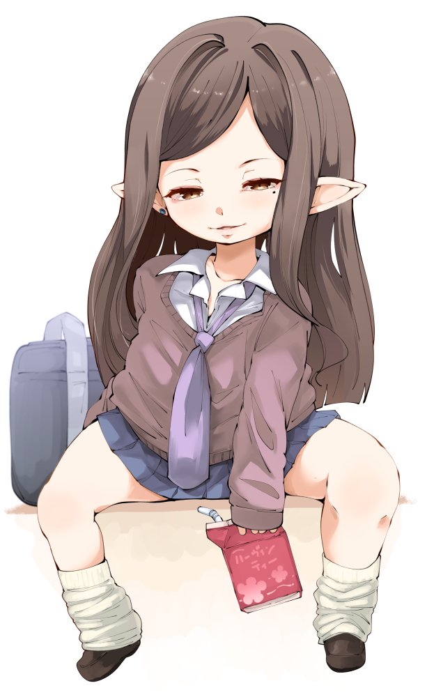 arm_behind_back arulumaya bag blue_skirt brown_eyes brown_hair brown_sweater commentary ear_piercing granblue_fantasy gyaru harvin juice_box kneehighs kogal long_hair loose_necktie loose_socks mole mole_under_eye naughty_face necktie piercing pointy_ears purple_neckwear school_uniform shirt shoes sitting skirt smile socks solo spread_legs sweater takatoo_kurosuke white_legwear white_shirt