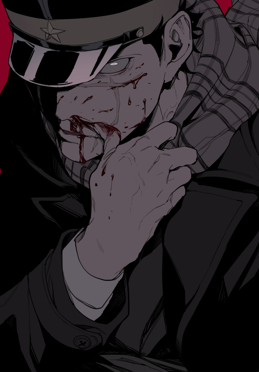angry black_hair bleeding blood blood_on_face blood_splatter checkered checkered_scarf clenched_hand commentary facial_scar golden_kamuy hat highres injury looking_at_viewer male_focus military_hat mouth_scar nosebleed peaked_cap sandato scar scar_on_cheek scarf solo sugimoto_saichi