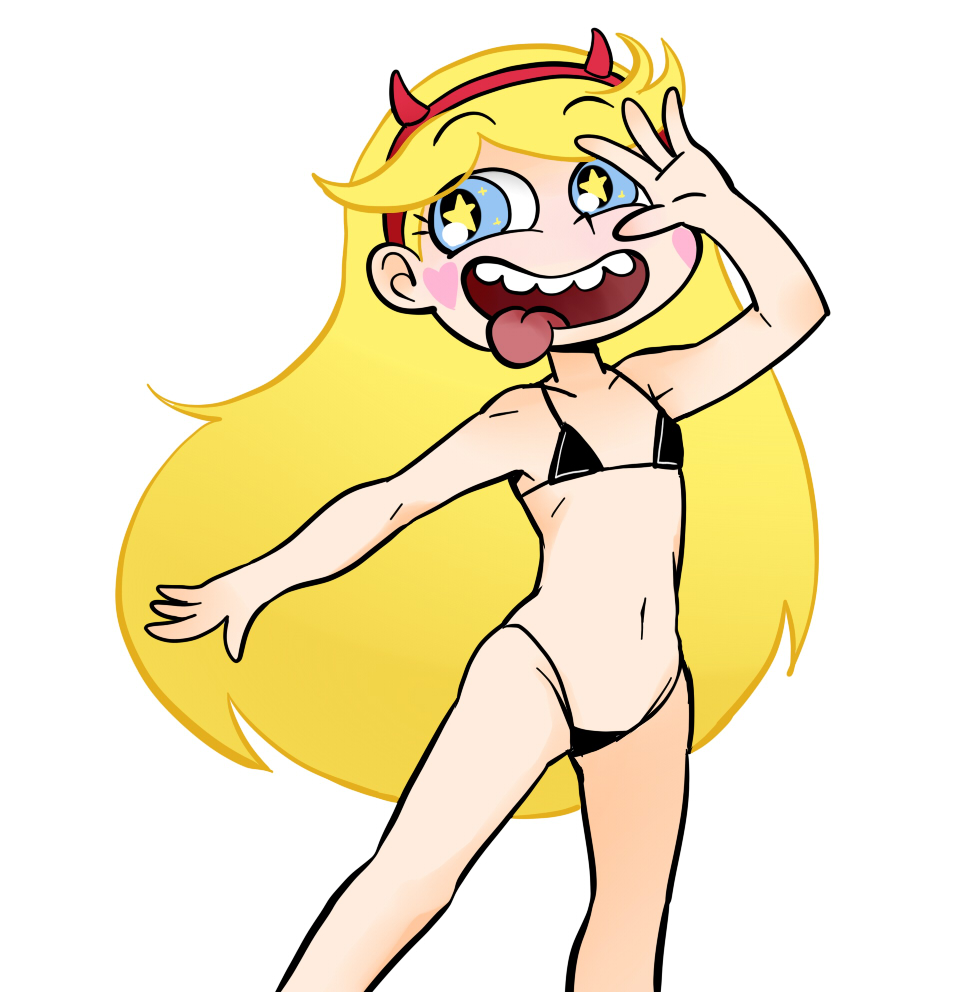 1girl bikini blonde_hair blue_eyes fake_horns hairband heart_cheeks horns long_hair open_mouth simple_background solo star_butterfly star_vs_the_forces_of_evil tongue tongue_out white_background