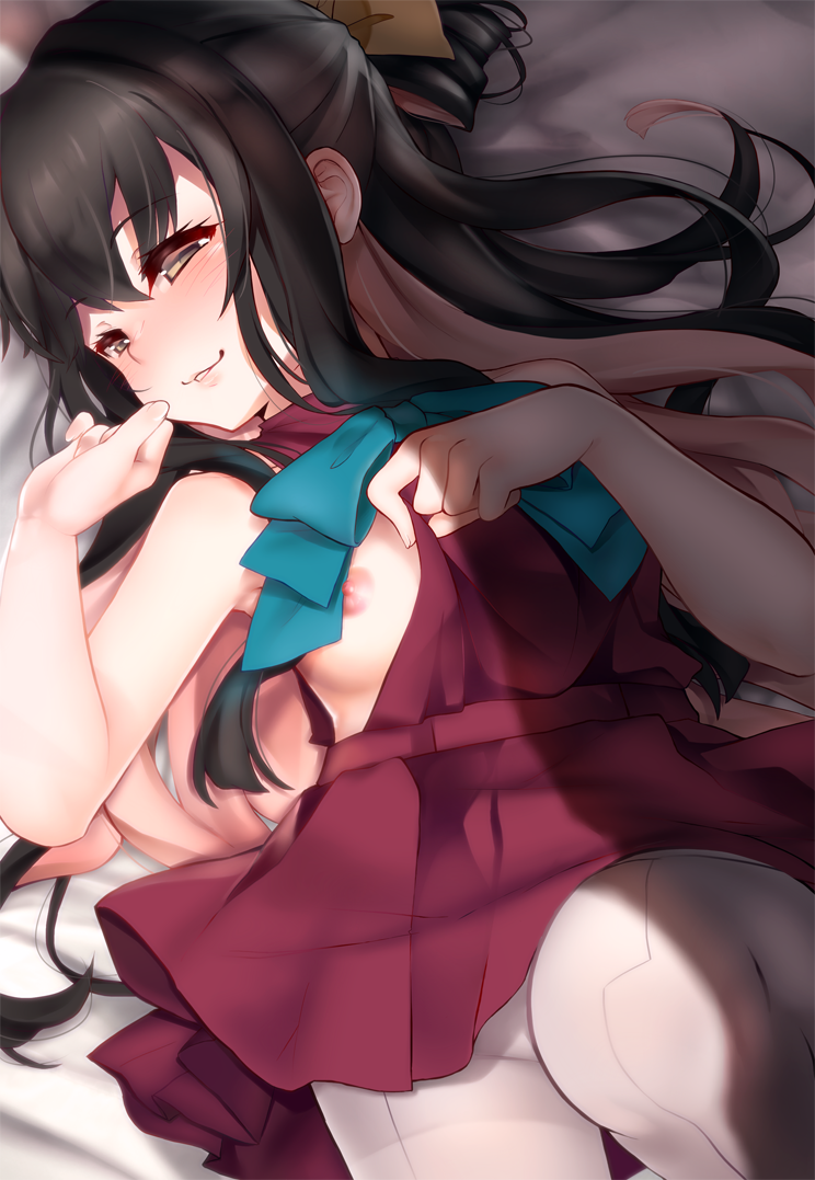 bangs bare_arms bare_shoulders bed_sheet black_hair blush bow breasts brown_hair commentary dress eyebrows_visible_through_hair fingernails grey_legwear hair_between_eyes hair_bow half-closed_eyes hand_up kantai_collection long_hair looking_at_viewer lying medium_breasts multicolored_hair naganami_(kantai_collection) nipples on_back pantyhose parted_lips pink_hair purple_dress sleeveless sleeveless_dress smile solo very_long_hair yellow_bow yumekii