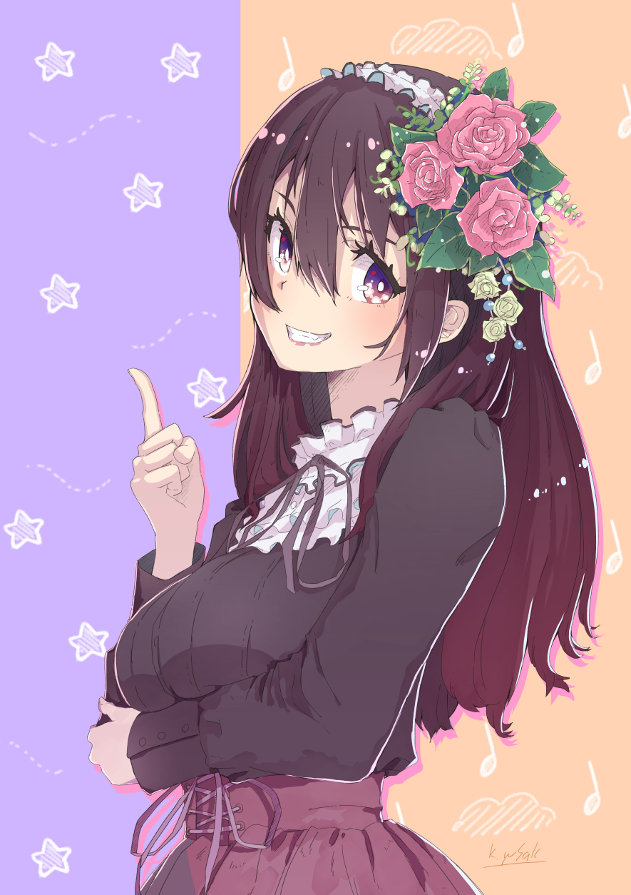 :d black_ribbon black_shirt blush breasts bright_pupils brown_hair crochet flower frilled_hairband frilled_shirt_collar frills from_side gradient_hair grin hair_between_eyes hair_ornament hairband highres index_finger_raised kagawa_yuusaku leaf_hair_ornament long_hair long_sleeves looking_at_viewer looking_to_the_side medium_breasts multicolored_hair musical_note neck_ribbon open_mouth original pink_flower pink_rose purple_eyes purple_hair purple_skirt quarter_note ribbon rose shiny shiny_hair shirt signature skirt smile solo star starry_background tareme teeth two-tone_background upper_body