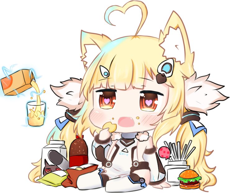 ahoge animal_ears arm_support azur_lane bag_of_chips bailingxiao_jiu bangs bare_shoulders blonde_hair brown_eyes candy carton cat_ears chibi chips commentary_request cup detached_sleeves dress drinking_glass eldridge_(azur_lane) electricity eyebrows_visible_through_hair fang food food_on_face full_body fur_trim hair_ornament hamburger heart heart-shaped_pupils heart_ahoge holding juice juice_box lollipop long_hair long_sleeves open_mouth potato_chips puffy_long_sleeves puffy_sleeves simple_background sitting soda_bottle solo symbol-shaped_pupils thighhighs torpedo twintails very_long_hair white_background white_dress white_legwear