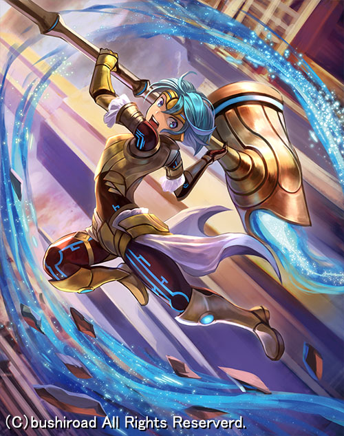 armor armored_boots blue_eyes blue_hair boots cardfight!!_vanguard company_name gauntlets gloves hammer headband knight_of_insolation_carinus neon_trim official_art open_mouth rock sakazu_mekasuke solo teeth warhammer weapon