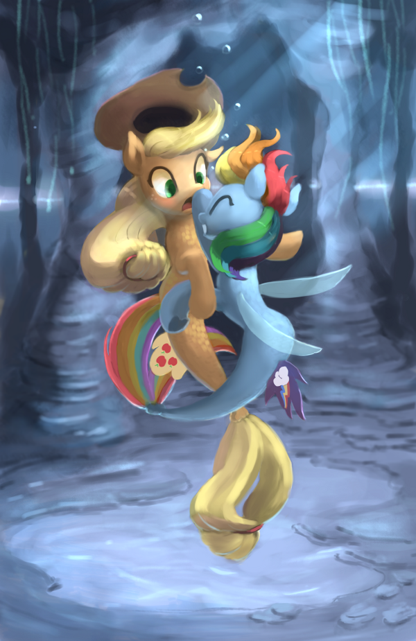 2018 :o alternate_species applejack_(mlp) bakuel blonde_hair blush boop bubble cute cutie_mark digital_media_(artwork) digital_painting_(artwork) duo eyes_closed female female/female fin fish freckles friendship_is_magic full-length_portrait green_eyes grin hair hat hooves hybrid marine multicolored_hair my_little_pony my_little_pony_the_movie nude portrait rainbow_dash_(mlp) rainbow_hair scales sea sea_pony smile sunlight surprise teeth tongue underhoof underwater water