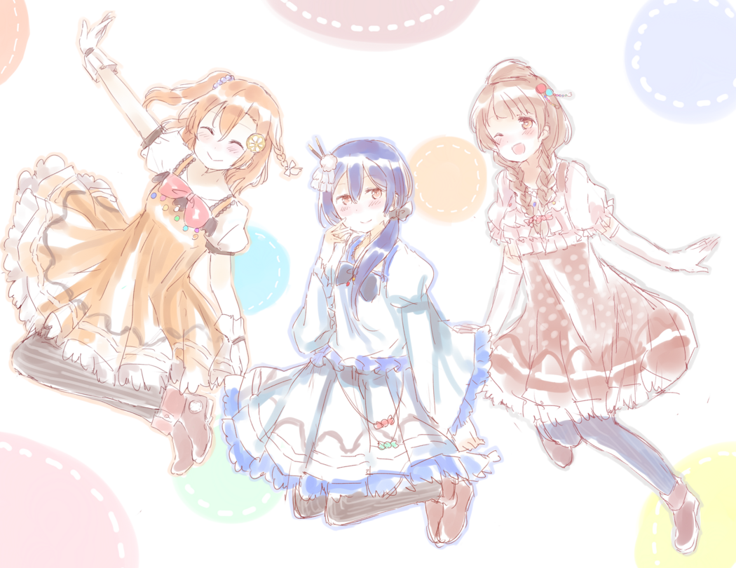 ;d ^_^ alternate_hairstyle bangs blue_hair blush braid closed_eyes closed_mouth commentary_request dress elbow_gloves eyebrows_visible_through_hair floating gloves grey_hair hair_between_eyes hair_ornament hand_on_own_cheek kousaka_honoka long_hair looking_at_viewer love_live! love_live!_school_idol_project minami_kotori multiple_girls one_eye_closed one_side_up open_mouth orange_hair ponytail ribbon shijimi_kozou smile sonoda_umi striped striped_legwear twin_braids white_dress white_gloves yellow_eyes