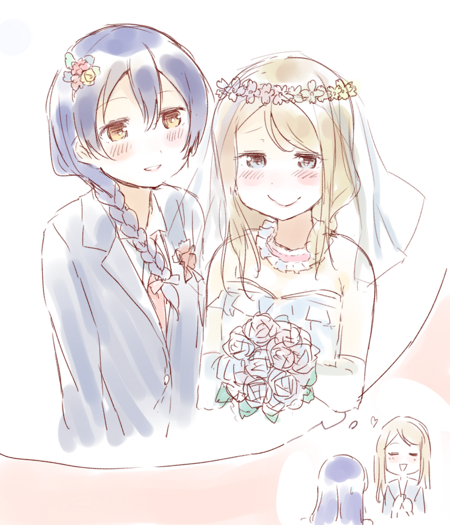 ayase_arisa bangs bare_shoulders blonde_hair blue_eyes blue_hair blush bouquet braid bridal_veil bride commentary_request couple dress elbow_gloves eyebrows_visible_through_hair flower formal gloves hair_between_eyes hair_flower hair_ornament head_wreath imagining long_hair love_live! love_live!_school_idol_project multiple_girls shijimi_kozou simple_background smile sonoda_umi strapless strapless_dress suit thought_bubble tuxedo veil wedding wedding_dress white_dress white_gloves wife_and_wife yuri