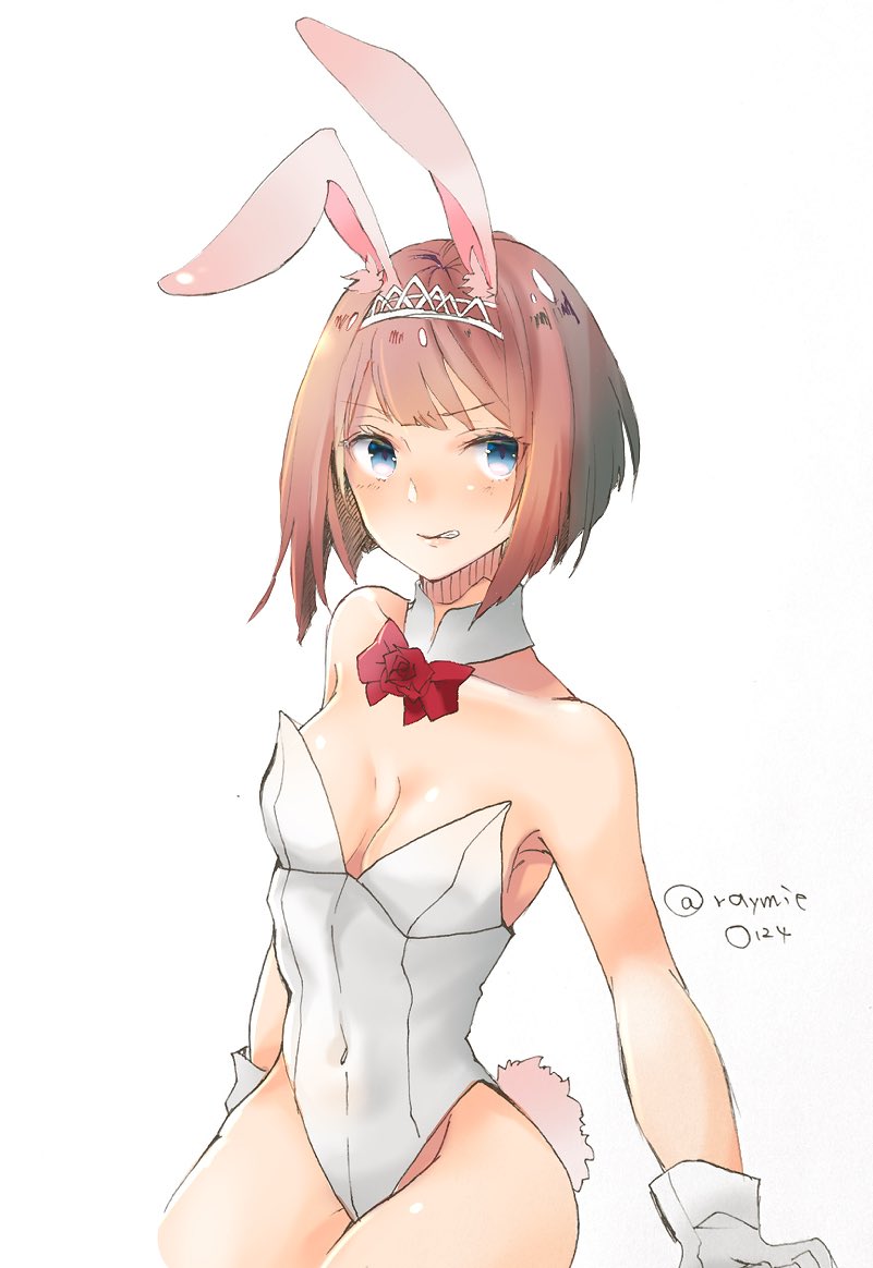 animal_ears ark_royal_(kantai_collection) bangs blue_eyes blunt_bangs bob_cut bow bowtie breasts bunny_ears bunny_tail bunnysuit cleavage covered_navel cowboy_shot detached_collar flower gloves hairband kantai_collection leotard raymie0124 red_hair red_neckwear rose short_hair simple_background small_breasts solo strapless strapless_leotard tail tiara twitter_username white_background white_gloves white_leotard