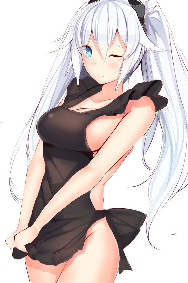 ;) apron black_apron black_heart black_ribbon blue_eyes blush breasts cleavage collarbone commentary_request cowboy_shot daiaru frilled_apron frills hair_between_eyes long_hair looking_at_viewer medium_breasts naked_apron neptune_(series) no_bra no_panties one_eye_closed power_symbol ribbon silver_hair simple_background smile solo symbol-shaped_pupils twintails white_background