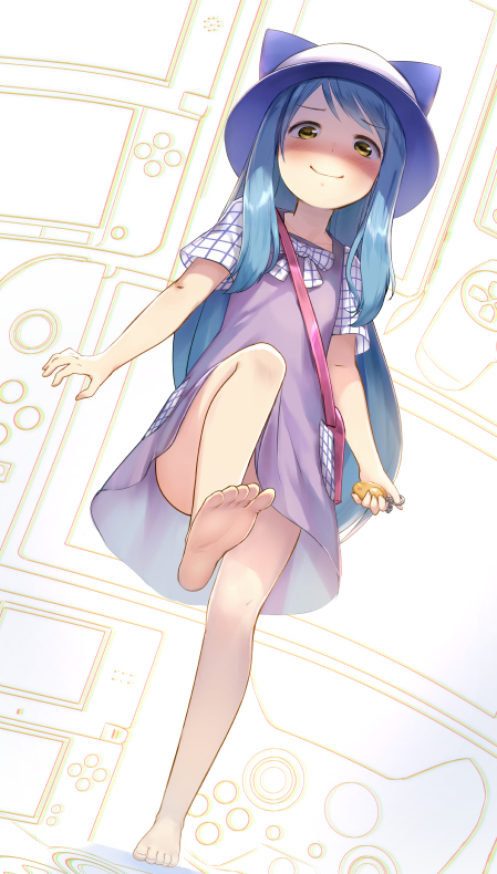 1girl blue_hair blush brown_eyes closed_mouth eyebrows_visible_through_hair feet gluteal_fold kotoha_(mitsuboshi_colors) leg_up loli long_hair looking_at_viewer mitsuboshi_colors no_panties observerz short_sleeves smile soles solo standing standing_on_one_leg toes