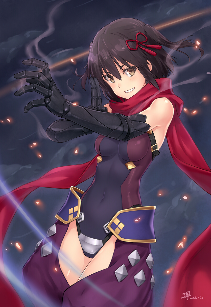 :d alternate_costume artist_name bangs bare_shoulders black_gloves breasts brown_eyes brown_hair commentary cosplay covered_navel cowboy_shot crotchless_pants dan_(kumadan) dated elbow_gloves eyebrows_visible_through_hair fate/grand_order fate_(series) gloves glowing grin hair_between_eyes hair_ribbon highres kantai_collection katou_danzou_(fate/grand_order) katou_danzou_(fate/grand_order)_(cosplay) looking_at_viewer looking_back medium_breasts open_mouth outstretched_arm red_ribbon red_scarf ribbon scarf sendai_(kantai_collection) shiny shiny_hair short_hair signature skin_tight smile smoke solo standing teeth two_side_up v-shaped_eyebrows