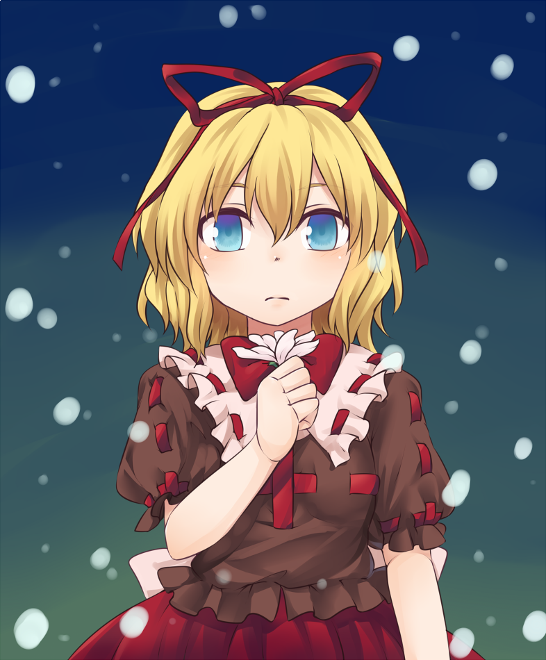 bangs blonde_hair blue_eyes bow bowtie closed_mouth expressionless flower hair_between_eyes hair_ribbon holding holding_flower looking_at_viewer medicine_melancholy miyo_(ranthath) puffy_short_sleeves puffy_sleeves red_neckwear red_ribbon ribbon short_hair short_sleeves solo touhou