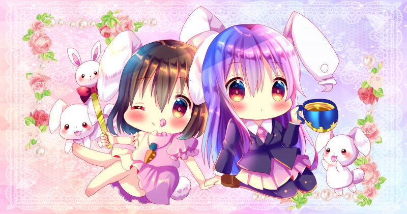 2girls ;q animal_ears arm_up barefoot blue_background blush brown_footwear brown_hair bunny bunny_ears bunny_tail carrot_necklace chibi chocolat_(momoiro_piano) cup dress flower gradient gradient_background hair_between_eyes hands_together holding holding_cup inaba_tewi lace_background lavender_hair leaning_back leg_lift long_hair multiple_girls navy_blue_legwear necktie one_eye_closed pantyhose pearl pink_background pink_dress pink_flower pink_neckwear pink_rose red_eyes red_flower red_rose reisen_udongein_inaba rose shirt short_hair sitting suit_jacket tail tongue tongue_out touhou very_long_hair wand wariza white_shirt wing_collar