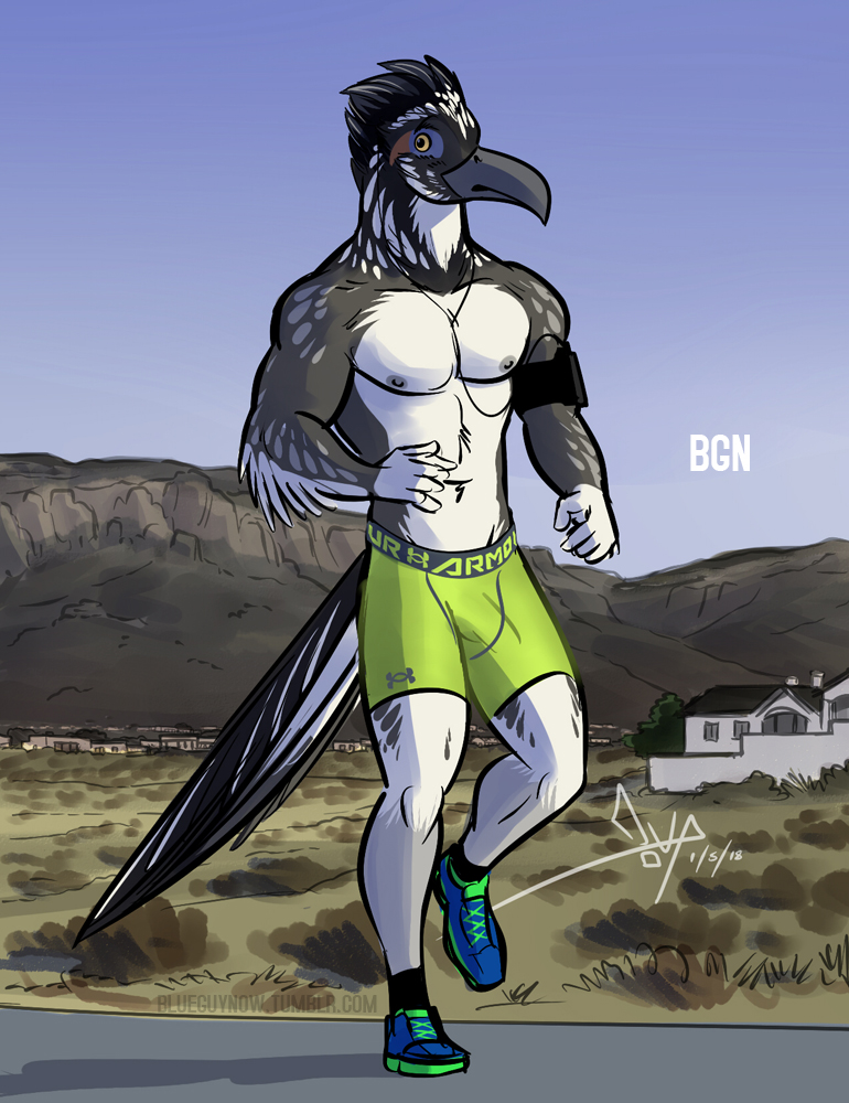 2018 anthro avian beak ben_(bgn) bgn bird clothed clothing feathered_wings feathers looking_at_viewer male multicolored_feathers muscular muscular_male nipples outside running shorts solo tail_feathers topless winged_arms wings