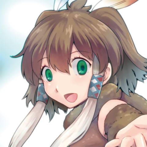 :d american_mastodon_(kemono_friends)_(sakuragi_rian) animal_ears bare_shoulders brown_hair commentary_request elephant_ears empty_eyes extra_ears eyebrows_visible_through_hair eyelashes feathers green_eyes hair_feathers hair_tubes kemono_friends long_hair lowres mastodon multicolored_hair open_mouth original outstretched_arm outstretched_hand portrait sakuragi_rian short_hair_with_long_locks sidelocks smile solo tongue two-tone_hair white_hair