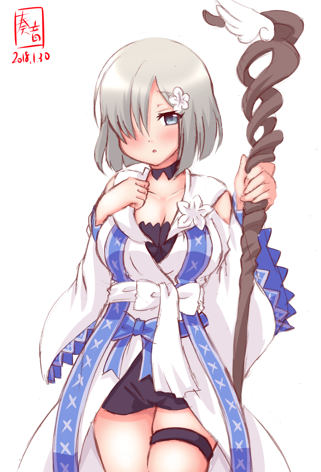 artist_logo black_choker blue_eyes choker commentary_request cosplay dated detached_sleeves flower hair_flower hair_ornament hair_over_one_eye hamakaze_(kantai_collection) highres isuzu_ren isuzu_ren_(cosplay) kanon_(kurogane_knights) kantai_collection look-alike looking_at_viewer magia_record:_mahou_shoujo_madoka_magica_gaiden magical_girl mahou_shoujo_madoka_magica robe short_hair silver_hair simple_background solo staff white_background white_robe wide_sleeves