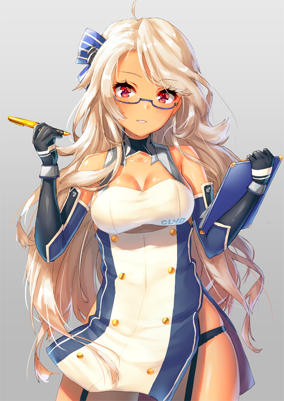ahoge azur_lane bare_shoulders black_gloves black_panties blonde_hair blue-framed_eyewear blush bow breasts brooklyn_(azur_lane) buttons cleavage clipboard collarbone dark_skin detached_sleeves dress elbow_gloves eyebrows_visible_through_hair eyelashes fountain_pen garter_straps glasses gloves grey_background hair_bow hair_ornament halter_dress head_tilt holding holding_clipboard holding_pen large_breasts long_hair looking_at_viewer medium_breasts messy_hair panties parted_lips pen pensuke red_eyes semi-rimless_eyewear shiny shiny_skin short_dress side_slit simple_background skindentation smile solo standing striped striped_bow thighs underboob_cutout underbust underwear very_long_hair wavy_hair wind wind_lift
