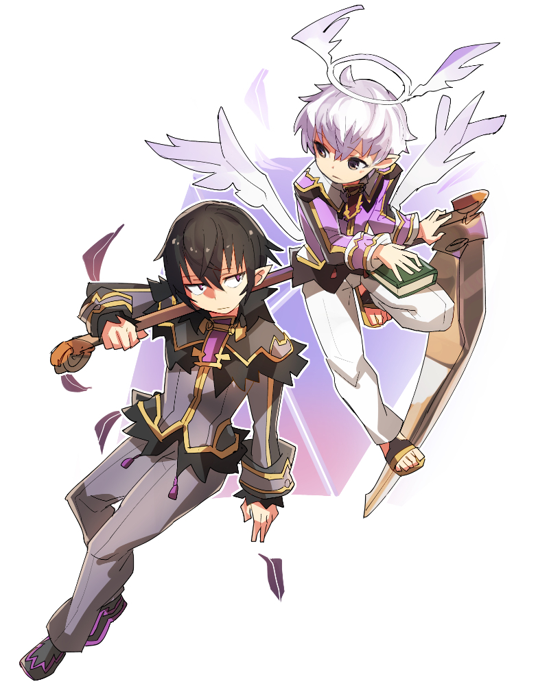 angel angel_wings black_hair book full_body geetgeet halo killian_phegor low_wings luke_venus male_focus mini_wings multiple_boys pointy_ears pop-up_story purple_eyes school_uniform scythe shinigami silver_hair st._feles_gakuen_uniform white_background wings yellow_eyes