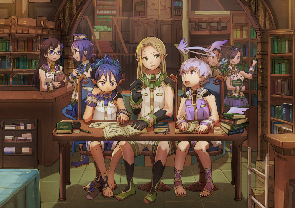 4girls angel angel_wings blonde_hair blue_hair blush book commentary_request dark_skin demon_boy demon_girl demon_tail demon_wings elf erik_burton full_body geetgeet glasses gold_trim green_eyes hair_over_one_eye hairband halo hat horns library long_hair low_wings luke_venus male_focus mary_lane mini_wings monica_grace multiple_boys multiple_girls open_mouth pink_hair pointy_ears pop-up_story purple_eyes purple_hair revia_serge school_uniform semi-rimless_eyewear short_hair silver_hair smile st._feles_gakuen_uniform studying tail ursula_raiment wings ziz_glover