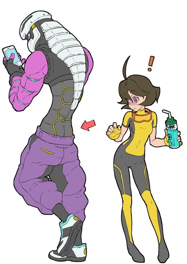 1girl ahoge arms_(game) ass blush bodysuit brown_hair green_eyes helmet kid_cobra mask mechanica_(arms) purple_eyes short_hair sjw_kazuya