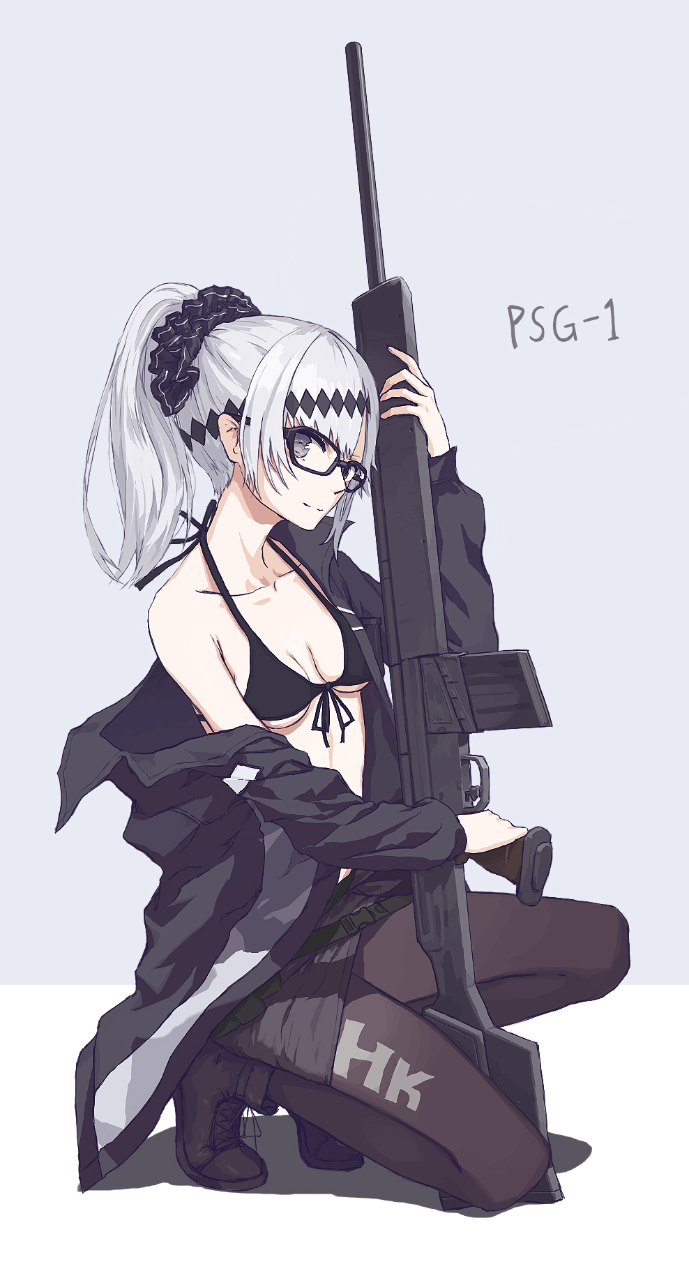 ankle_boots bespectacled bikini_top black-framed_eyewear black_bikini_top black_footwear black_jacket black_scrunchie boots breasts buckle clothes_writing commentary_request cross-laced_footwear full_body girls_frontline glasses gun hair_ornament heckler_&amp;_koch highres holding holding_gun holding_weapon jacket lace-up_boots looking_at_viewer magazine_(weapon) medium_breasts off_shoulder one_knee open_clothes open_jacket open_mouth pantyhose papaia_(quentingqoo) ponytail psg-1 psg-1_(girls_frontline) rifle scope scrunchie sniper_rifle solo squatting strap weapon