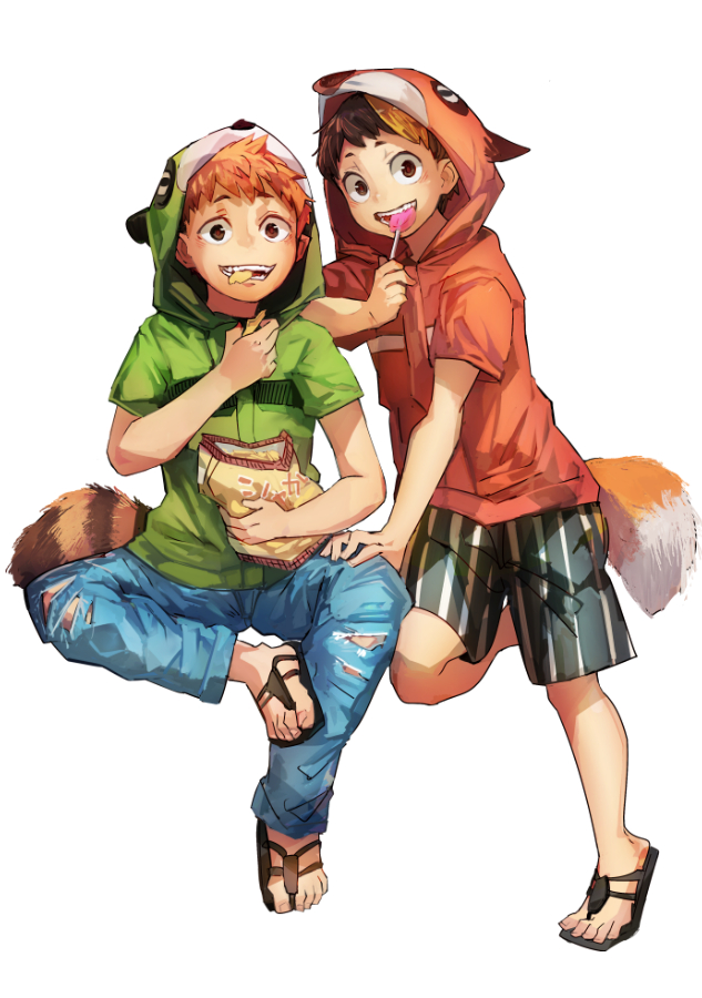 animal_hood ballroom_e_youkoso brothers brown_eyes brown_hair candy chips denim eating food fox_hood fox_tail full_body futami_juugo futami_kyuu geetgeet hood hoodie jeans lollipop looking_at_viewer male_focus multiple_boys orange_hair pants raccoon_hood raccoon_tail sandals shorts siblings smile tail twins