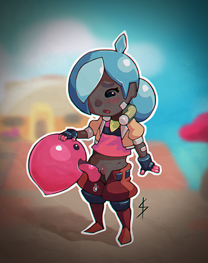 beatrix_lebeau_(slime_rancher) blue_hair blush clothed clothing cute digital_media_(artwork) dripping duo female hair human interspecies mammal not_furry open_mouth pussy sismicious slime slime_rancher smile standing tongue tongue_out vaginal video_games