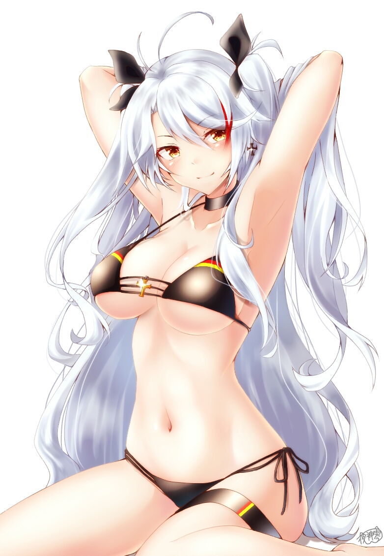 alternate_costume antenna_hair armpits arms_up azur_lane bad_id bad_pixiv_id bangs bare_arms barefoot bikini black_bikini black_ribbon blush breasts choker cleavage commentary_request cross cross_earrings earrings eyebrows_visible_through_hair hair_between_eyes hair_over_shoulder hair_ribbon hand_in_hair iron_cross jewelry large_breasts long_hair looking_at_viewer mole mole_on_breast multicolored_hair navel orange_eyes prinz_eugen_(azur_lane) red_hair ribbon side-tie_bikini sidelocks silver_hair simple_background sitting smile solo stomach streaked_hair swimsuit thigh_strap two_side_up very_long_hair wariza white_background ye_shen_ling