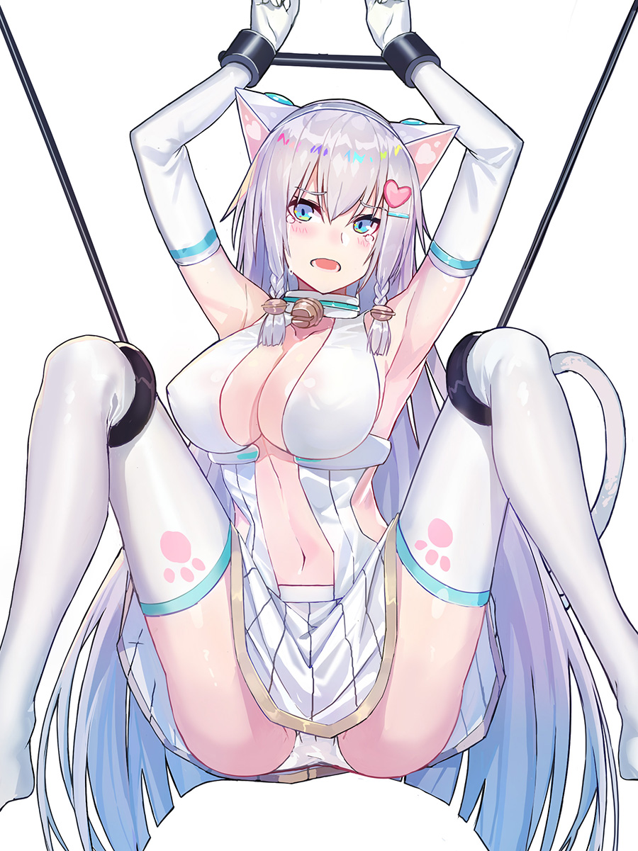 animal_ears aqua_eyes armpits arms_up bdsm bell bondage bound bound_wrists breasts cat_ears cleavage collar commentary echj elbow_gloves gloves grey_hair hair_bell hair_ornament hairclip highres iron_saga large_breasts long_hair looking_at_viewer meruru_(iron_saga) navel open_mouth panties pantyshot restrained sitting skirt solo spread_legs tail thighhighs underwear white_gloves white_hair white_legwear white_panties