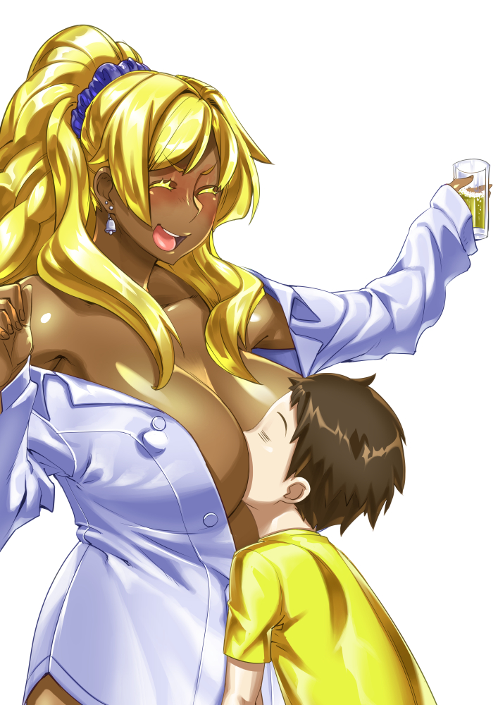 1girl ^_^ ^o^ between_breasts blonde_hair breast_smother breasts brown_hair cleavage closed_eyes collarbone cup dark_skin drinking_glass drunk earrings eyelashes eyes_closed face_between_breasts jewelry konakona large_breasts long_hair no_bra off_shoulder open_clothes open_mouth original ponytail simple_background smile teeth white_background