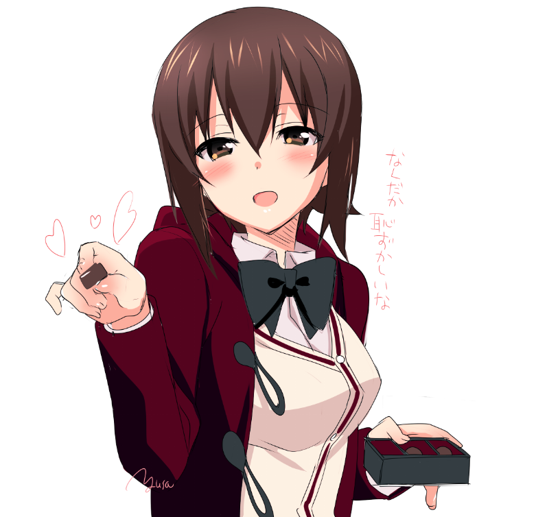 :d artist_name black_bow black_neckwear blush bow bowtie box_of_chocolates brown_eyes brown_hair cardigan coat commentary dress_shirt duffel_coat girls_und_panzer heart holding_chocolate incoming_food nishizumi_maho open_mouth red_coat saikawa_yusa shirt short_hair signature simple_background smile translation_request valentine white_background