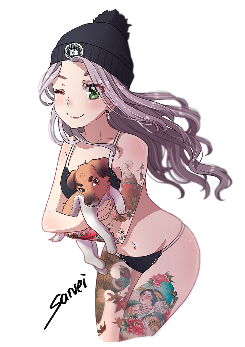 ;) animal animal_hug arm_tattoo artist_name bad_id bad_pixiv_id bangs bare_arms bare_shoulders beanie black_bra black_hat black_panties blush bra breasts closed_mouth collarbone dog earrings eyebrows_visible_through_hair green_eyes grey_hair hat jewelry leg_tattoo long_hair looking_at_viewer medium_breasts navel navel_piercing one_eye_closed panties parted_bangs piercing saruei simple_background smile solo suicide_girls tattoo underwear underwear_only v-shaped_eyebrows very_long_hair white_background