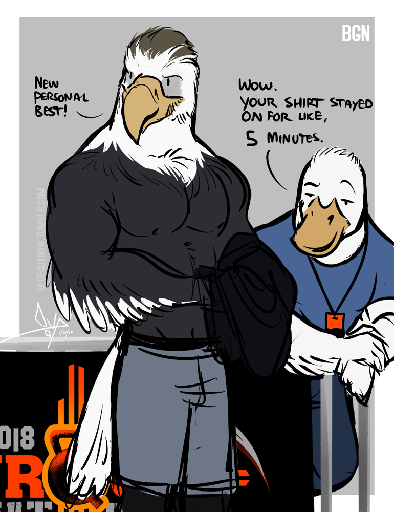 ! 2018 abs anthro avian beak bgn biped bird black_eyebrows black_eyes black_feathers blue_clothing blue_shirt blue_topwear border clothed clothing dialogue digital_media_(artwork) dot_eyes duck duo eagle english_text eyebrows feathers fully_clothed grey_background grey_bottomwear grey_clothing grey_shorts male multicolored_feathers muscular muscular_male nipples pants pecs shorts signature simple_background standing text topless two_tone_feathers url whistle white_border white_feathers winged_arms wings