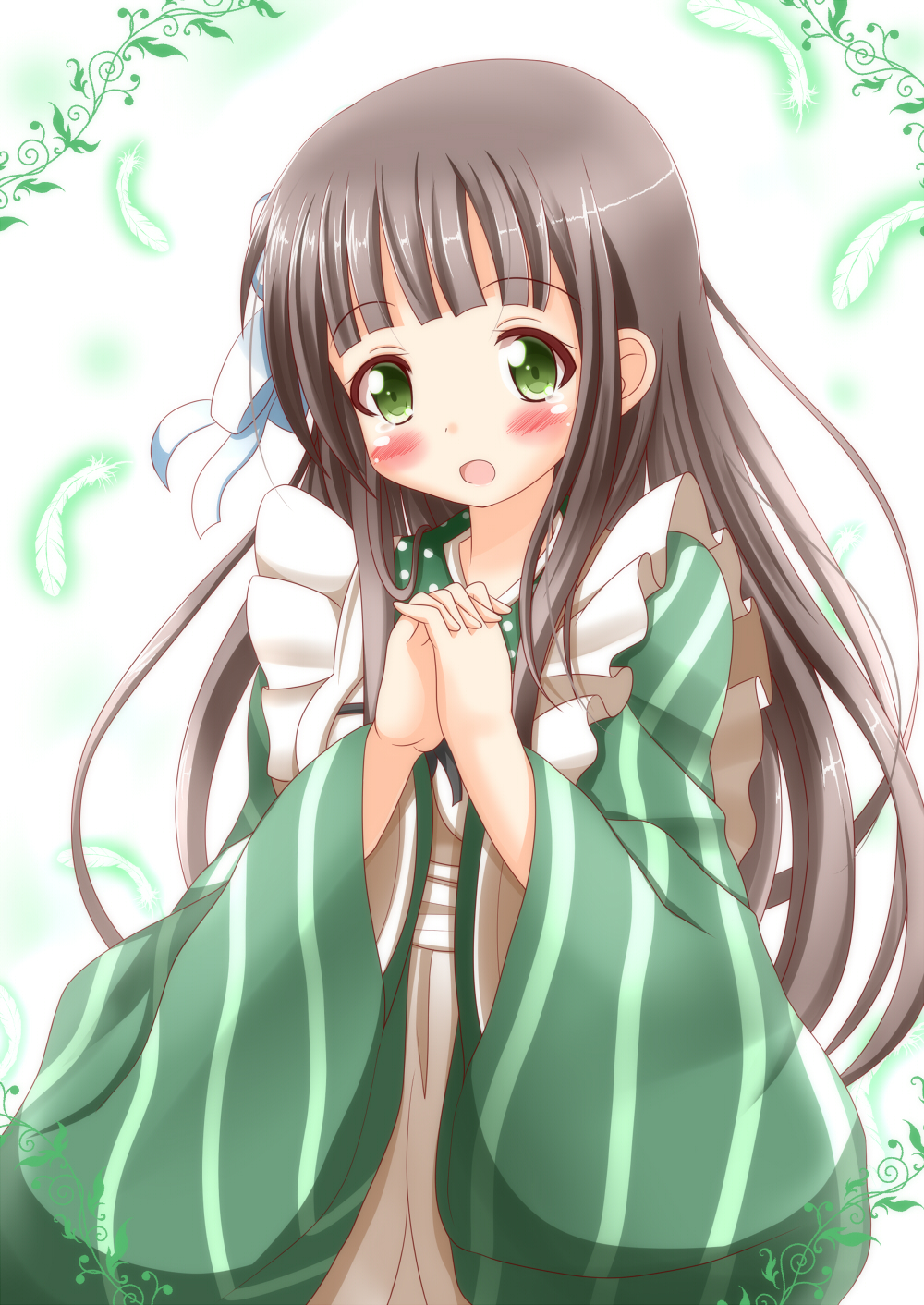 :o ama_usa_an_uniform apron bangs blunt_bangs blush breasts brown_hair commentary_request cowboy_shot eyebrows_visible_through_hair feathers gochuumon_wa_usagi_desu_ka? green_eyes green_kimono hands_together highres interlocked_fingers japanese_clothes kimono long_hair long_sleeves looking_at_viewer open_mouth polka_dot_trim sidelocks small_breasts smile solo striped striped_kimono ujimatsu_chiya white_apron white_background wide_sleeves zenon_(for_achieve)