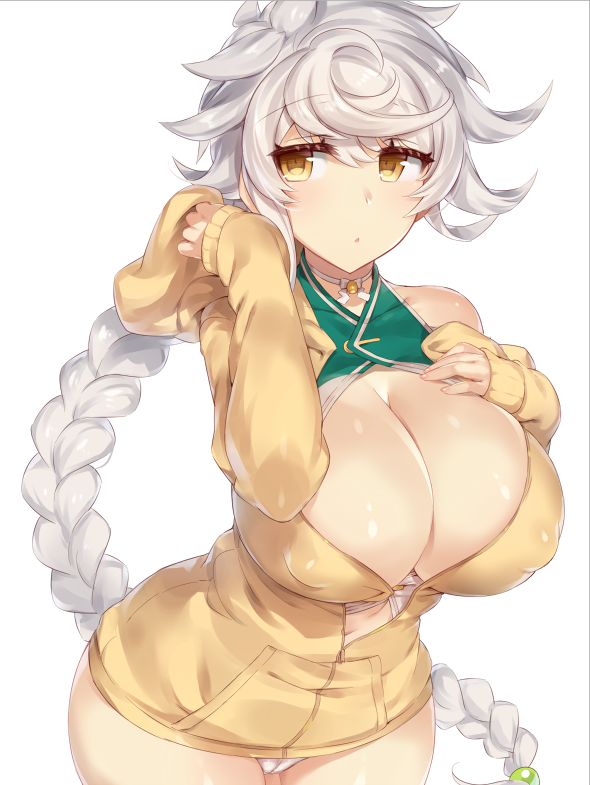 asymmetrical_hair bare_shoulders braid breasts choker cleavage cleavage_cutout covered_nipples cowboy_shot crop_top hair_between_eyes hand_on_own_chest hood hooded_track_jacket hoodie jacket jitome kantai_collection large_breasts leaning_forward long_hair looking_at_viewer navel open_mouth panties pocket remodel_(kantai_collection) silver_hair single_braid solo thighs track_jacket underwear unryuu_(kantai_collection) unzipped very_long_hair white_hair white_panties yamaarashi yellow_eyes