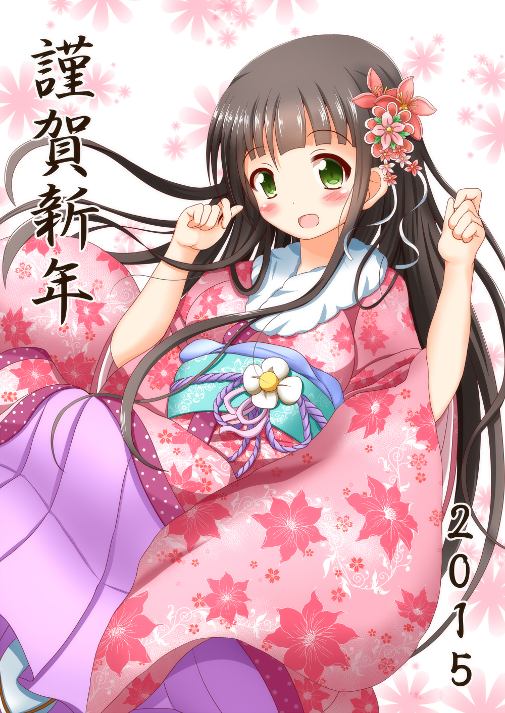 :d bangs blunt_bangs breasts brown_hair commentary_request eyebrows_visible_through_hair floral_background floral_print flower fur-trimmed_kimono fur_trim gochuumon_wa_usagi_desu_ka? green_eyes hair_flower hair_ornament happy_new_year highres japanese_clothes kimono long_hair long_sleeves looking_at_viewer medium_breasts new_year obi open_mouth pink_kimono print_kimono red_flower sash smile solo ujimatsu_chiya white_background wide_sleeves zenon_(for_achieve)