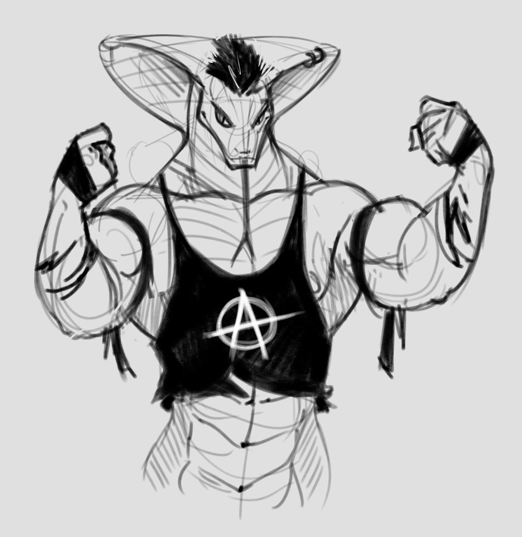 abs anthro biceps clothing cobra falcon_mccooper flexing forked_tongue hair half_portrait kobura looking_at_viewer male monochrome muscular muscular_male nipples pecs reptile scalie signature sketch smile snake snake_hood solo tongue tongue_out torn_clothing