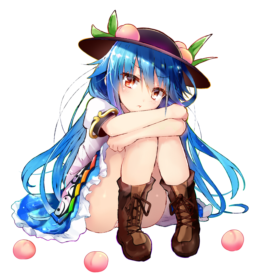 :t antinomy_of_common_flowers bangs bare_legs black_hat blue_hair blue_skirt boots brown_footwear commentary_request efe eyebrows_visible_through_hair food fruit hat hinanawi_tenshi knees_together_feet_apart knees_up long_hair looking_at_viewer miniskirt panties pantyshot pantyshot_(sitting) peach pink_panties pout puffy_short_sleeves puffy_sleeves red_eyes revision shirt short_sleeves simple_background sitting skirt solo touhou underwear very_long_hair white_background white_shirt