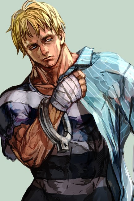 bandaged_hands bandages blonde_hair blue_background blue_eyes closed_mouth cody_travers cuffs dressing handcuffs hankuri jacket leaning_to_the_side male_focus shirt simple_background solo street_fighter striped striped_shirt upper_body
