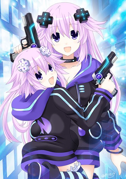 :d adult_neptune adult_neptune_(cosplay) black_choker breasts choker cleavage cosplay d-pad d-pad_hair_ornament gun hair_ornament holding holding_gun holding_weapon hood hooded_jacket jacket kagura_ittou leg_up long_hair looking_at_viewer looking_back medium_breasts multiple_girls neptune_(choujigen_game_neptune) neptune_(series) open_mouth purple_eyes purple_hair shin_jigen_game_neptune_vii short_hair smile striped striped_legwear thighhighs weapon