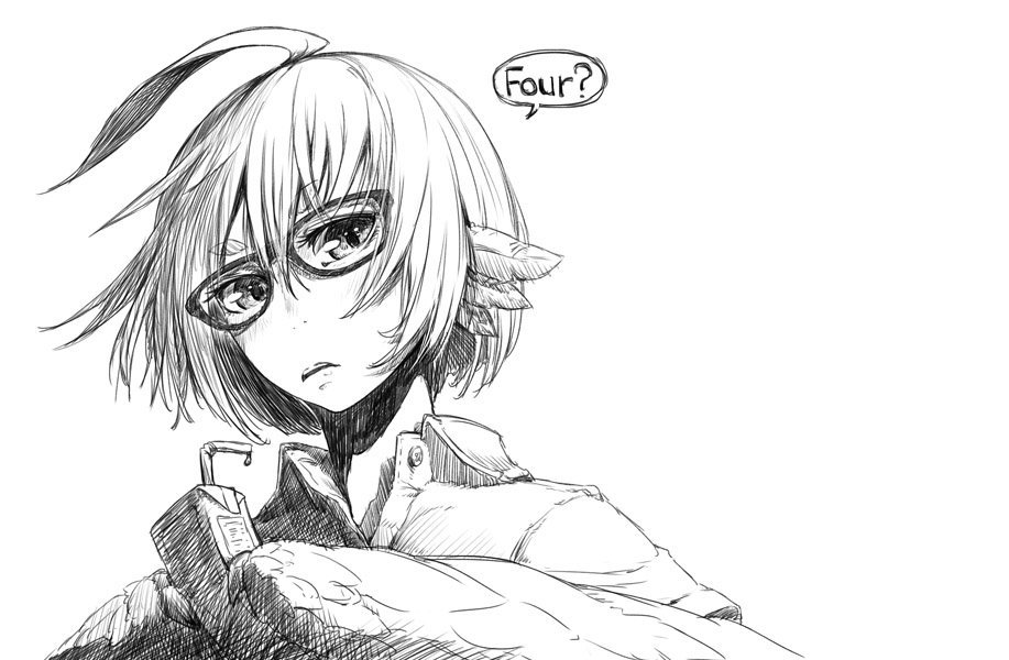1girl ahoge bendy_straw drinking_straw english eyebrows_visible_through_hair feathered_wings feathers glasses greyscale harpy head_feathers juice_box monochrome monster_girl nukomasu open_mouth original short_hair simple_background sketch solo speech_bubble white_background wings