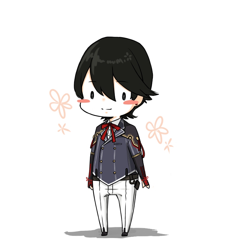 black_hair blush_stickers chibi chimaki. double-breasted earrings floral_background full_body grey_jacket horikawa_kunihiro jacket jewelry male_focus military military_uniform pants simple_background solo standing stud_earrings touken_ranbu uniform white_background white_pants