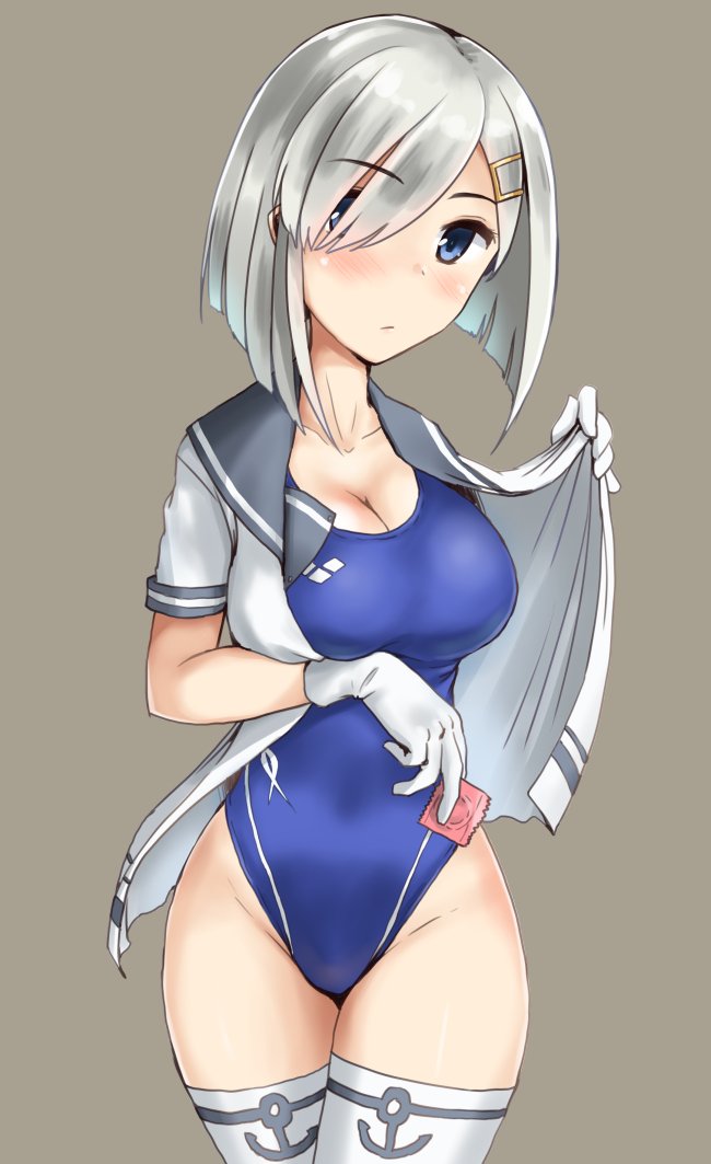anchor_symbol arena_(company) blue_eyes blue_swimsuit breasts cleavage competition_swimsuit condom_wrapper cowboy_shot gloves grey_background grey_sailor_collar hair_ornament hair_over_one_eye hairclip hamakaze_(kantai_collection) highleg highleg_swimsuit kantai_collection large_breasts logo looking_at_viewer minase_(takaoka_nanase) one-piece_swimsuit sailor_collar sailor_shirt shirt short_hair silver_hair simple_background solo swimsuit thighhighs white_gloves white_legwear